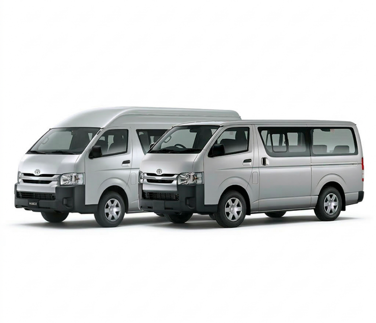 Marque : Toyota 
Modèle :  Hiace
Capacité : 14 Places
Transmission : Manuelle
Options : Climatisation intégrale, Intérieur cuir, Vitres teintées.